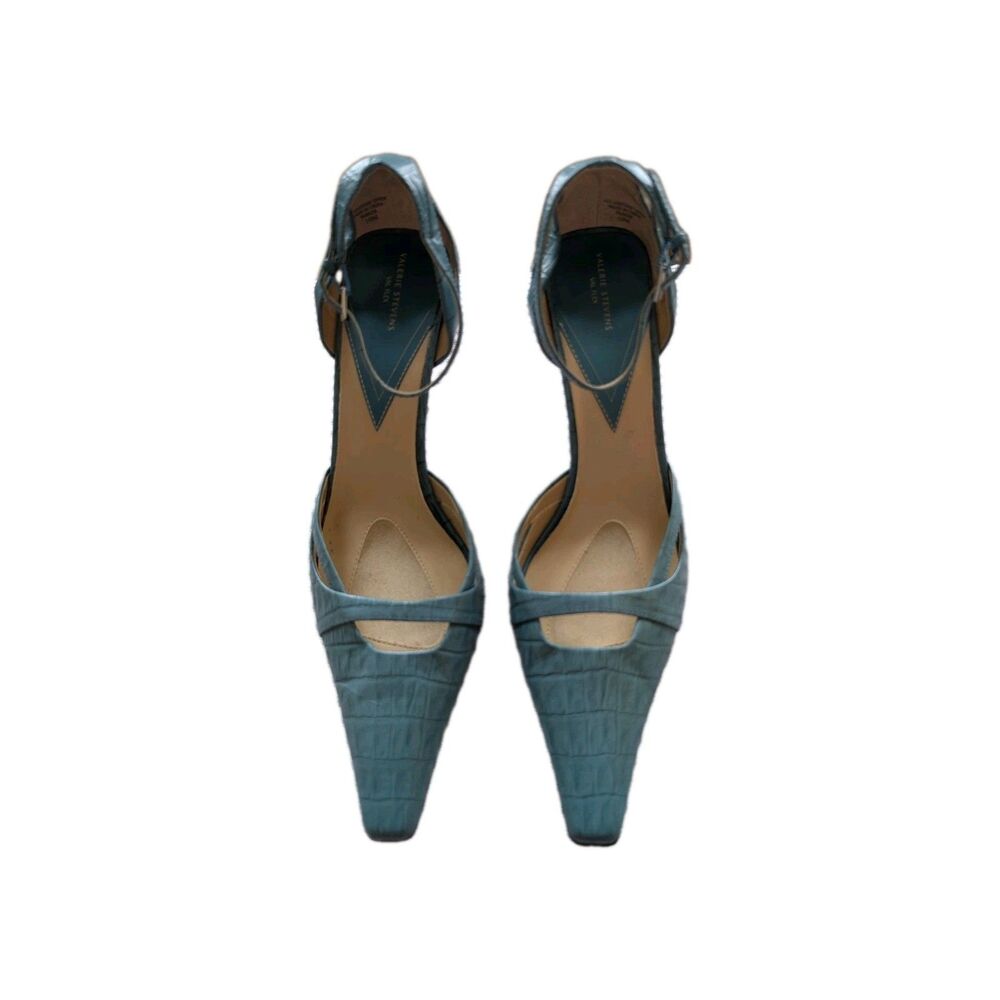 Valerie Stevens Parker Leather Embossed Y2K Teal Kitten Heels sz 10